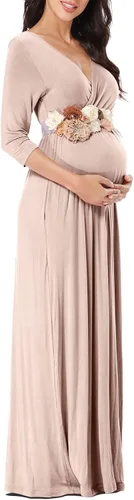 Vista 4 de Kim S Vestido largo de maternidad con banda de flores (S-3XL), vestido de fiesta baby shower con cuello en V fruncido