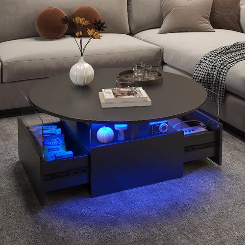 Vista 9 de HedoAjim Mesa de café redonda de 31.5" para sala de estar, mesa moderna de sala de estar con LED y almacenamiento, mesas de café cuadradas