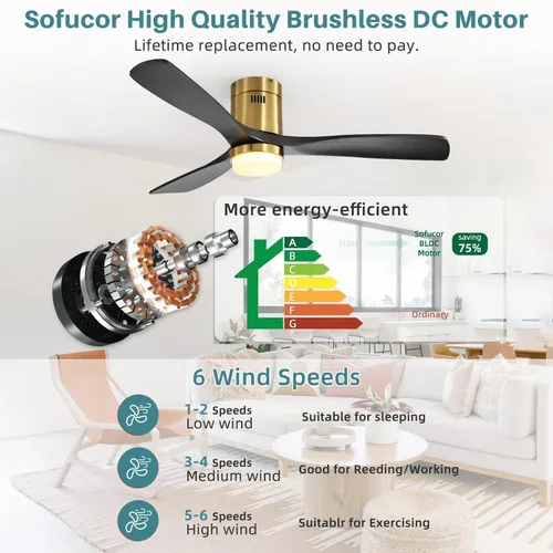 Vista 8 de Sofucor Ventiladores de techo inteligentes de 52 pulgadas con luces - montaje al ras de perfil bajo, modernos ventiladores de techo de madera maciza