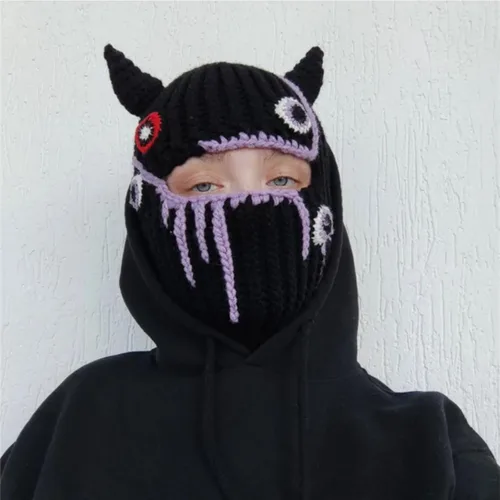 Vista 4 de Gorro de punto Y2k con cuerno de diablo y oreja de conejo largo, máscara de esquí, pasamontañas, accesorios para grunge
