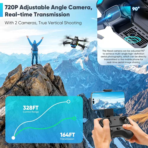Vista 3 de Dron con cámara, Dual 720HD, Drone para niños con luces frías, control de gestos, disparo vertical, vuelo de punto de referencia, control