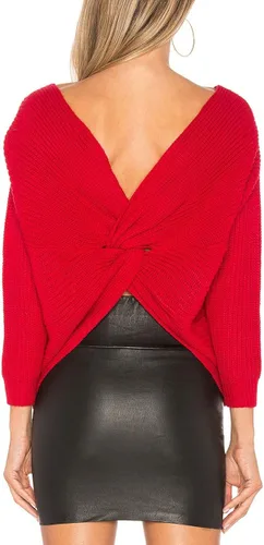 Vista 3 de CMZ2005 Suéter de punto holgado con cuello en V y espalda cruzada para mujer, manga larga tipo murciélago, 51300, Rojo