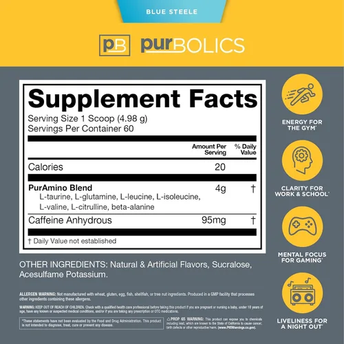 Vista 2 de Purbolics Aminos + Energía Apoya la recuperación, la energía y la concentración 95 mg de cafeína, 0 calorías y 60 porciones (azul acero)