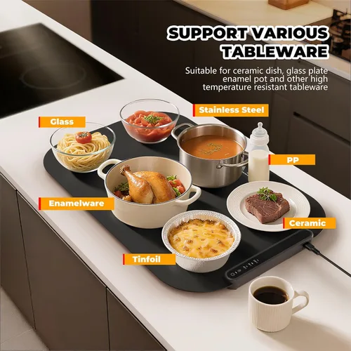 Vista 4 de Tapete de calentamiento para alimentos, bandeja plegable para calentar alimentos con control de temperatura ajustable, apagado automático