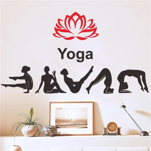 Vista 3 de Adhesivo de pared para estudio de yoga, calcomanía de PVC extraíble con patrones de loto e hinduismo, regalo único para los amantes del yoga, ideal