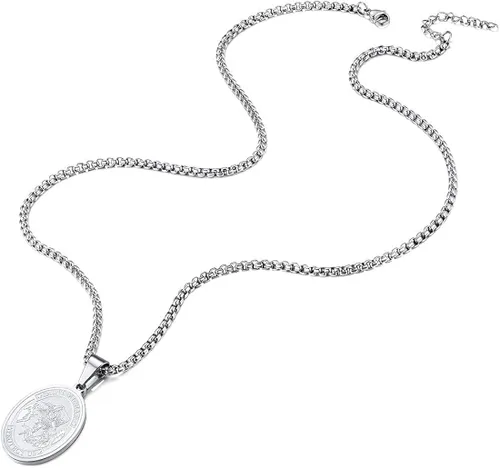 Vista 4 de Collar para hombre y mujer personalizado de San Miguel San Cristofer de acero inoxidable chapado en oro de 18K redondo ovalado colgante de escudo