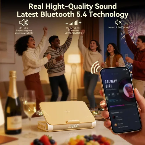 Vista 4 de Vivilumens Altavoz Bluetooth de carga inalámbrica 5 en 1 altavoz fuerte para adultos adolescentes forma de libro estética amanecer luz de despertar