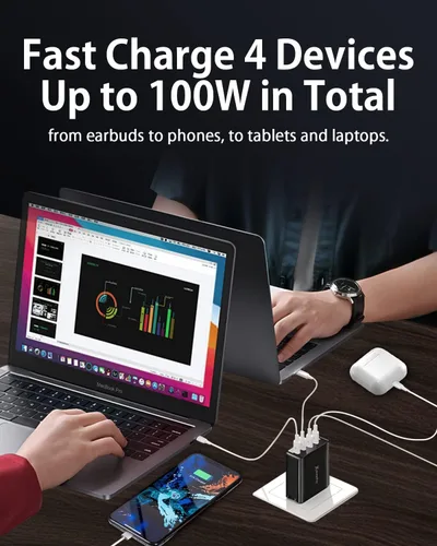 Vista 7 de Cargador USB C de 100 W, bloque de carga rápida GaN de 4 puertos, bloque de carga plegable tipo C, bloque de carga rápida compatible con MacBook