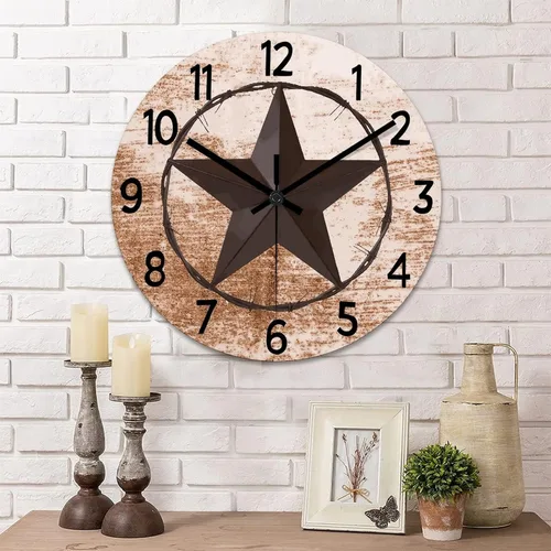 Vista 12 de Reloj de pared rústico de estilo retro clásico con estrella de Texas occidental, reloj de madera, silencioso, sin tictac, funciona