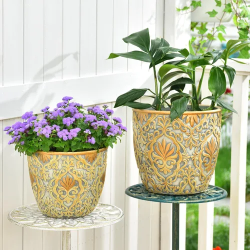 Vista 2 de Sungmor Macetas grandes de cemento resistentes, hermosas macetas de jardín de hormigón en relieve, juego de 2 macetas de 8 y 10 pulgadas