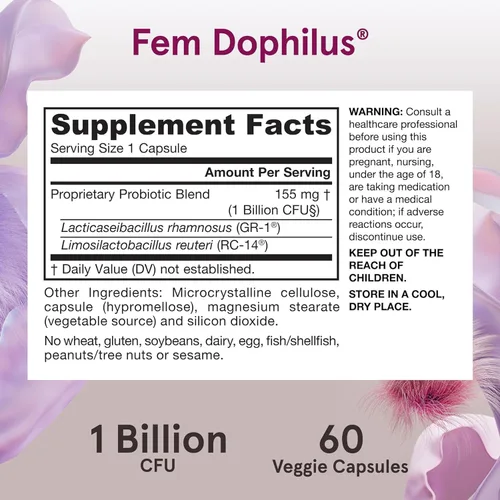 Vista 6 de Jarrow Formulas Fem-Dophilus - 1 mil millones de organismos por porción - 60 cápsulas vegetales - Probiótico para mujer - Salud del tracto urinario