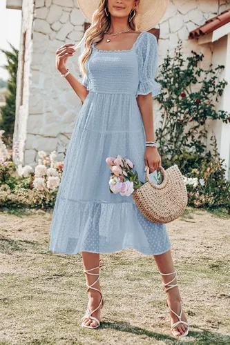 Vista 4 de MEROKEETY - Vestido de verano con lunares suizos para mujer vestido midi con cuello cuadrado, mangas abombadas, volados, lazo en la espalda