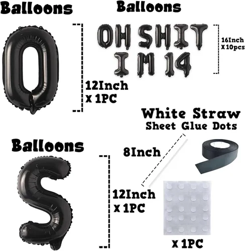 Vista 2 de Globos de látex de 16 pulgadas con texto en inglés "Oh I'm 14" Black Hallo Fourteen Cheers to 14 Years Old Theme Decor for Man Woman Happy 14th