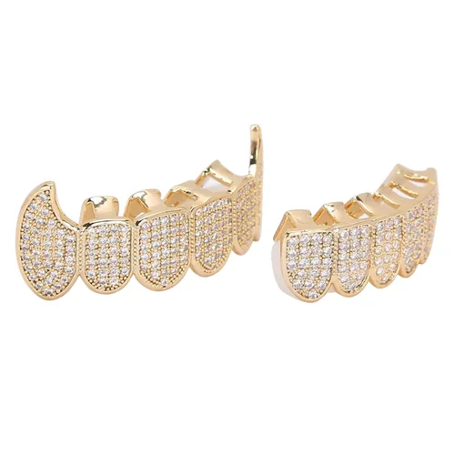 Vista 6 de Rejillas de dientes de cobre chapado en frío, oro plateado, dientes de diamante helados para hombres y mujeres rapero traje dientes joyería