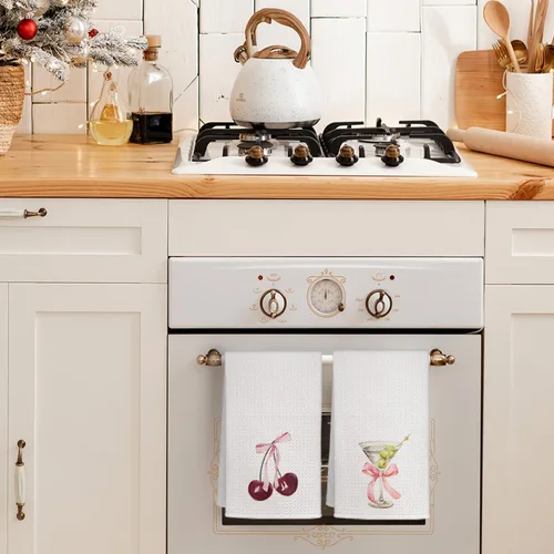 Vista 3 de Juego de 2 toallas de cocina de cerezo con lazo rosa, lindas toallas de mano de cóctel de Martini sucio, toallas de cocina rosas para fiesta de té