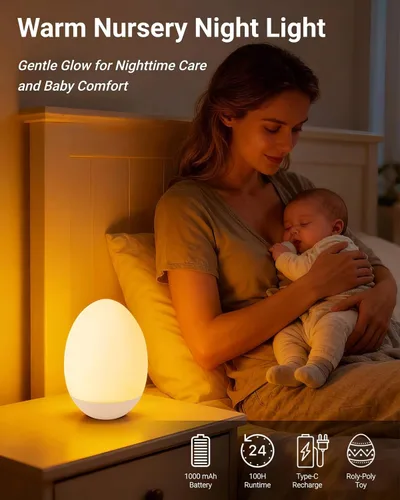 Vista 2 de Luz nocturna de huevo para bebé para guardería y lactancia – Luz táctil portátil con 7 colores RGB, atenuación continua, recargable, silicona suave