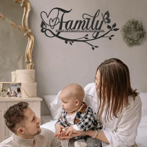 Vista 4 de AUHOKY Letrero de metal con texto en inglés «Family Where Life Begins Love Never Ends» («Family Where Life Begins Love Never Ends») para decoración