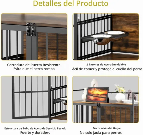 Vista 4 de ROOMTEC Jaula para Perros Estilo Mueble para Perros Grandes de Interior Super Resistente y Duradera con 2 Cuencos de Acero Inoxidable