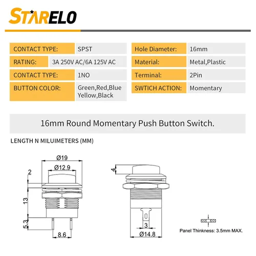 Vista 2 de STARELO 5 piezas de interruptor de botón momentáneo redondo de 16 mm SPST 3A AC250V/6A AC125V 2Pin 1NO con cable presoldado R13-507 (negro).