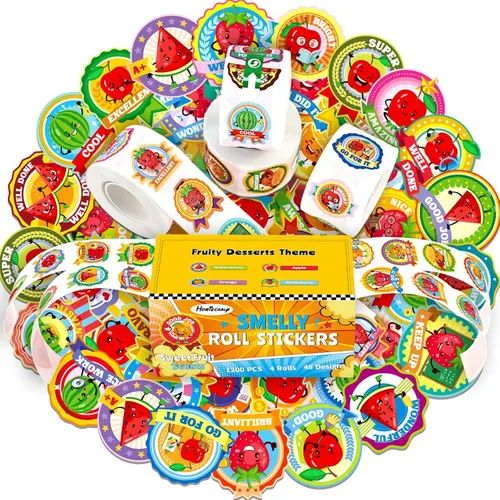 Vista 17 de HORIECHALY 3 Rollos de Calcomanías para Raspar y Oler para Niños, 600 Piezas de Calcomanías con Aroma, Calcomanías de Recompensa para Niños