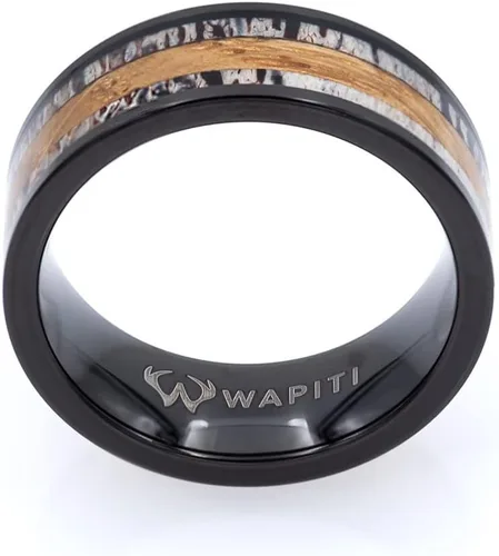 Vista 5 de Wapiti Incrustación de cuerno, turquesa y barril de whisky en anillo de tungsteno con caja de anillo incluida, Cuernos Madera de barril de whisky