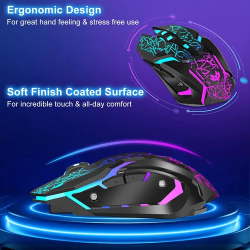 Vista 6 de Mouse inalámbrico para juegos, mouse inalámbrico recargable con carga rápida tipo C, mouse ergonómico con 3 DPI ajustables, 6 botones silenciosos