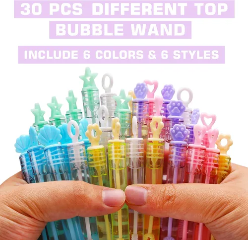Vista 5 de Paquete de 30 mini varitas de burbujas (6 estilos, 6 colores), recuerdos de fiesta de burbujas a granel, bolsas de regalo para niños, grandes