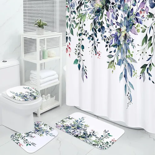 Vista 9 de MitoVilla Juego de 4 piezas de hojas de plantas marrones con cortina de ducha y alfombras, juegos de cortinas de ducha florales rústicas