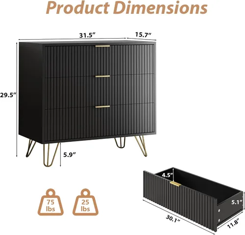 Vista 2 de MAISONARIA Cómoda negra de 3 cajones para dormitorio, cómoda moderna de armario, cómoda acanalada con asas de metal dorado, mesita de noche