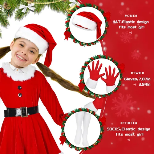 Vista 3 de Xtinmee Juego de 4 piezas de disfraz de Papá Noel para niñas, vestido de Papá Noel rojo, sombrero de Navidad y guantes de piel, pantimedias
