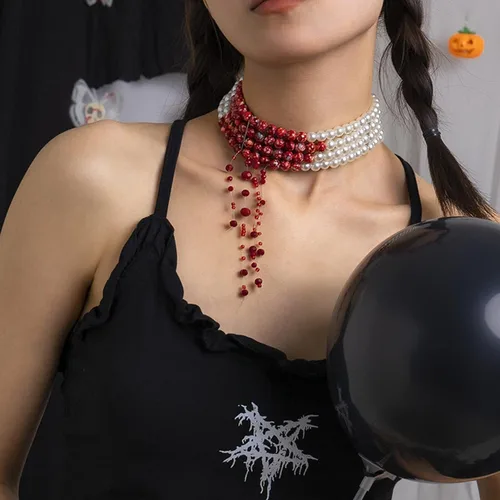 Vista 3 de Collar de perlas de sangre para mujer, collar de sangre para disfraz de vampiro, joyería de goteo, gargantilla de perlas, disfraz de fiesta
