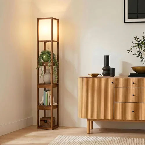 Vista 3 de Brightech Maxwell Drawer Edition - Lámpara de pie moderna con estante y cajón - Lámparas de pie de esquina con estantes para sala de estar