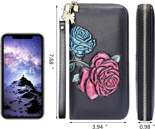 Vista 2 de FEITH & FELLY - Cartera con bloqueo RFID para mujer, de cuero grabado en relieve, talla única