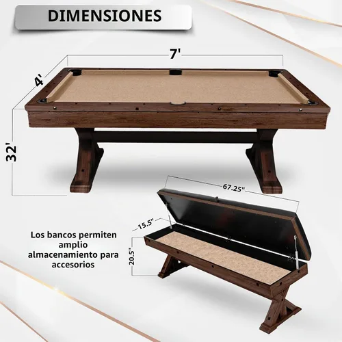 Vista 4 de Mesa de juego multifuncional de 7' 3 en 1 con mesa de billar y mesa de ping pong con tapa para cenar. Incluye banco de almacenamiento dual