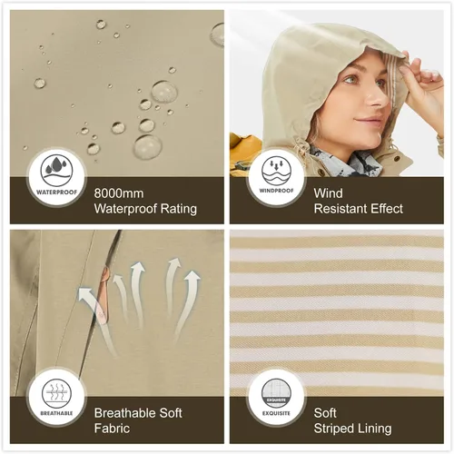 Vista 4 de ALPHA CAMP Chaqueta impermeable para mujer, rompevientos con capucha, ligera, suave, abrigos largos para lluvia