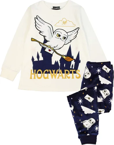 Vista 2 de Harry Potter Pijama Hedwig de manga larga y pantalones de forro polar para niñas, Marfil