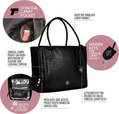 Vista 4 de Allen Company Bolso de transporte oculto para niñas con armas 'Casual Cosmic' con gran bolsillo térmico aislado, piel sintética, color negro