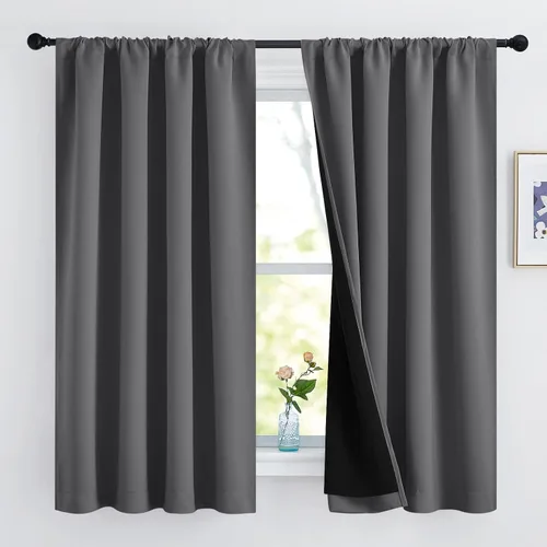 Vista 18 de NICETOWN Biscotti Beige 100% Cortinas opacas de 45" de largo para cocina, bolsillo con varilla para sótano completamente opaco, cortinas térmicas