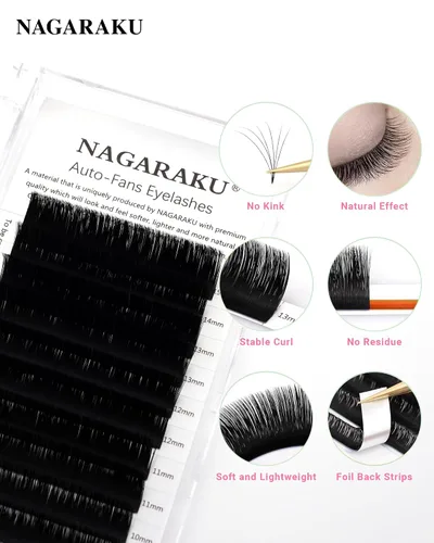 Vista 2 de NAGARAKU Easy Fan - Extensiones de pestañas con volumen, 0.07 D 0.354 in, negro mate Soft Faux Mink PBT Fiber, Rapid Self Blooming Fans 2D-20D