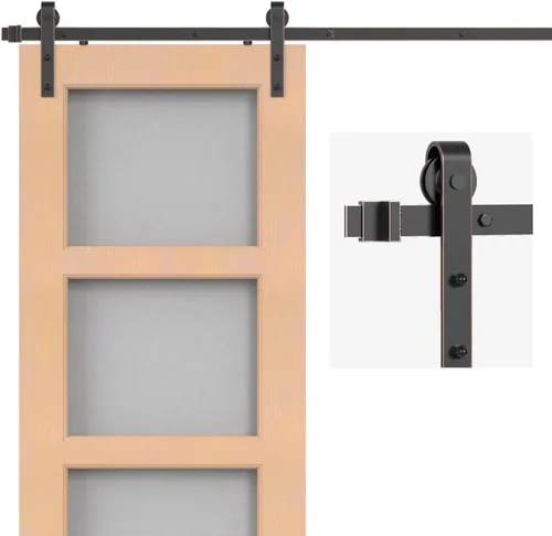 Vista 14 de Kit de herrajes clásicos de latón para puerta corrediza de granero de 5 pies para puerta interior, paquete de oro cepillado con mecanismo de cierre