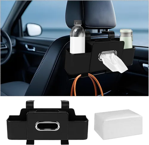 Vista 7 de Organizador de asiento trasero de automóvil con pañuelos, caja de pañuelos para el respaldo del asiento del automóvil y gancho de almacenamiento