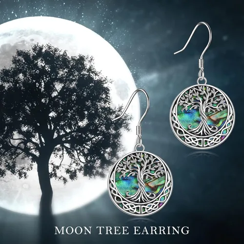 Vista 6 de Aretes de plata de ley con diseño de árbol de la vida celta con concha de abulón para mujer