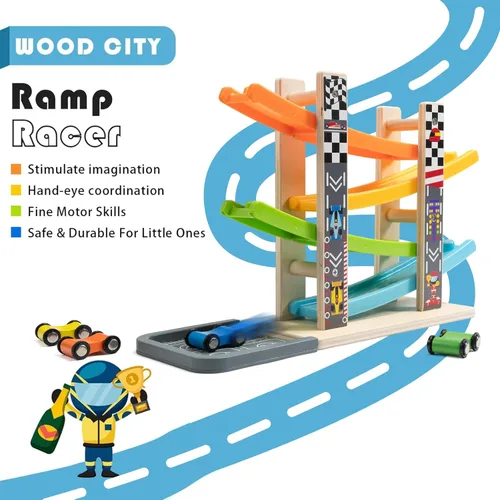 Vista 5 de Wood City Set de Juguetes de Rampa y Carrera de Coches de Madera con 4 Coches en Miniatura y Pistas de Carrera, Juguetes para Niños de 1, 2, 3 Años