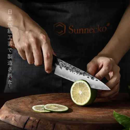 Vista 2 de Sunnecko Cuchillo de cocina afilado, cuchillo de pelar de 5.5 pulgadas de acero de carbono para frutas, cuchillo de 3 capas 9CR18MOV, mango