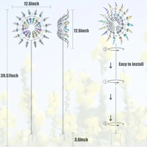 Vista 6 de Molino de viento metálico único y mágico, 2 hilanderos de viento, escultura cinética alimentada por viento 3D, molinos de viento de acero