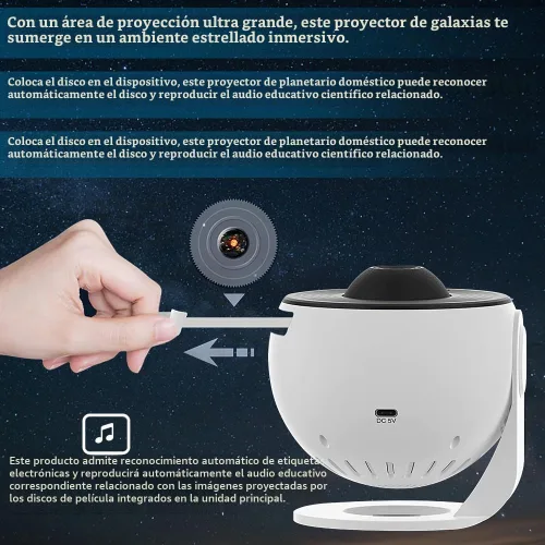 Vista 4 de Proyector de estrellas, proyector de planetario mejorado para dormitorio, proyector educativo de galaxia de audio con 13 discos Galaxy reemplazables