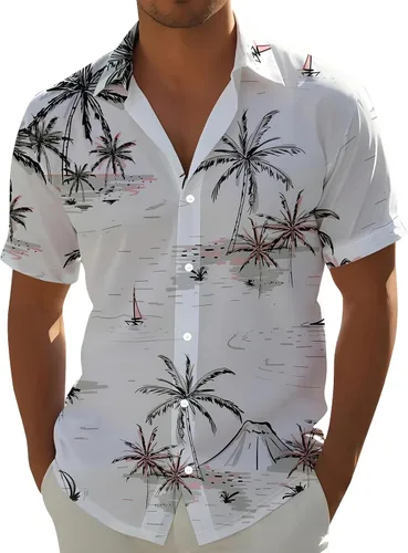 Vista 6 de Camisa hawaiana para hombre, con botones, manga corta, casual, elegante, grande y alta, floral, verano, tropical, para vacaciones