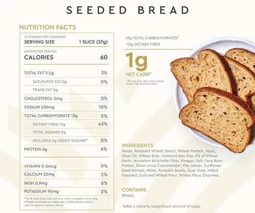 Vista 2 de Hero Pan de semillas — Delicioso pan con 1g de carbohidratos netos, 0g de azúcar, 60 calorías, 12g de fibra por rebanada Pan bajo en carbohidratos