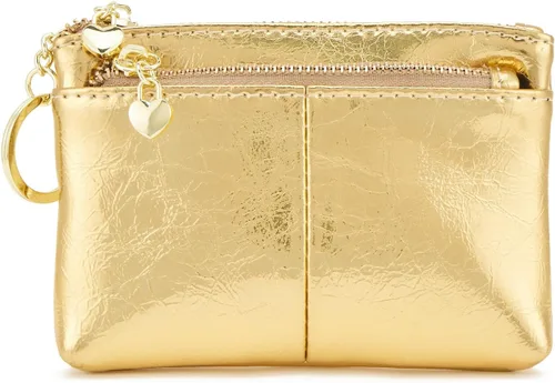 Vista 21 de Mini monedero con cremallera de cuero genuino para mujer, con llavero con triple cremallera, tarjetero Negro