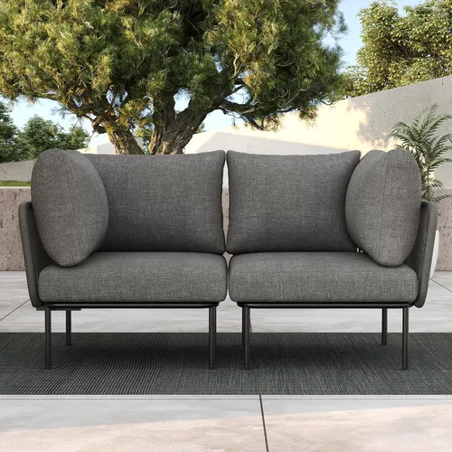 Vista 15 de LayinSun Juego de muebles de patio de aluminio de 7 piezas, sofá modular moderno con mesa auxiliar y cojín de grosor mejorado Gris claro